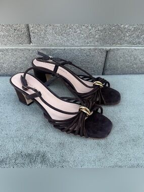 Loeffler  Randall Minna Brown Suede Slingback  Sandals Gold Hardware 7.5